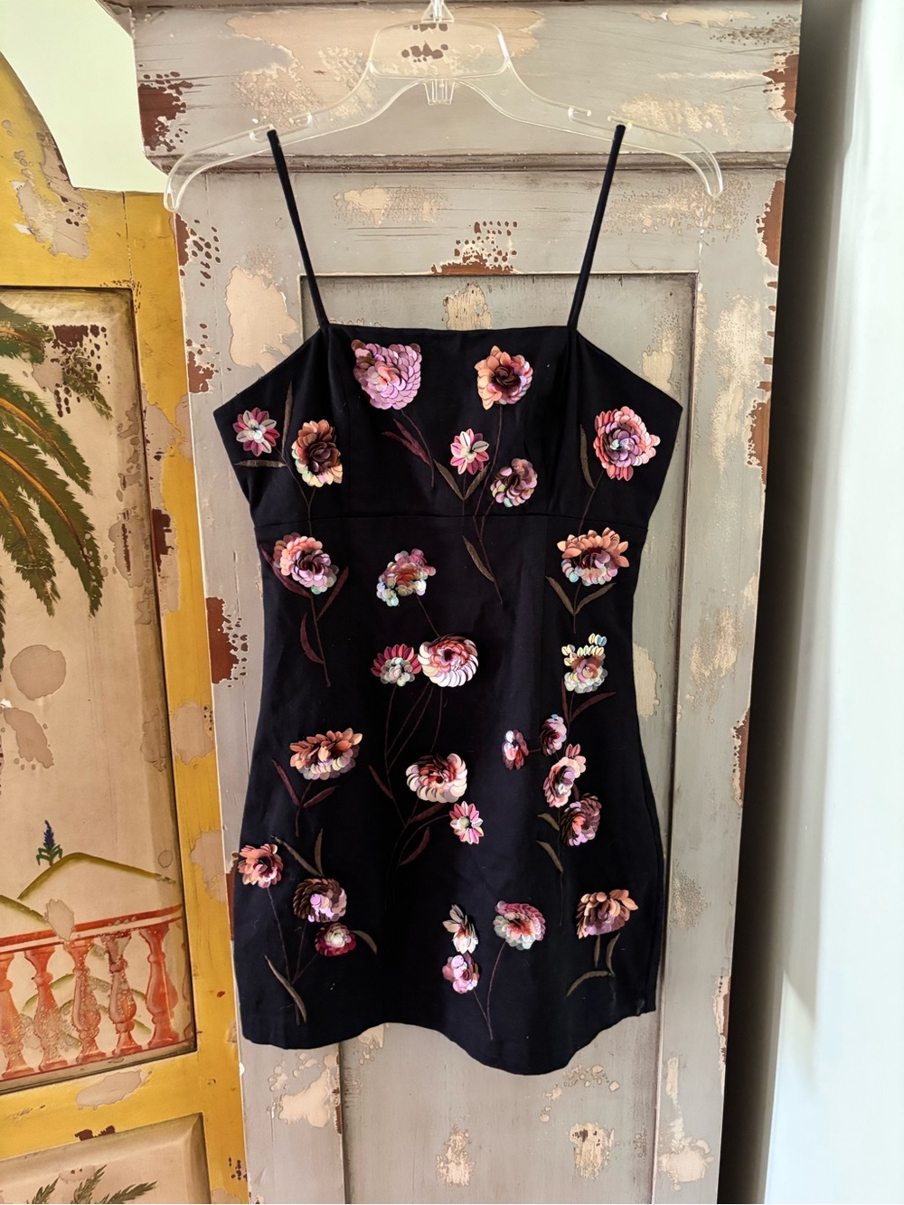 Maeve Black Mini Dress with Pink Floral Embroidery